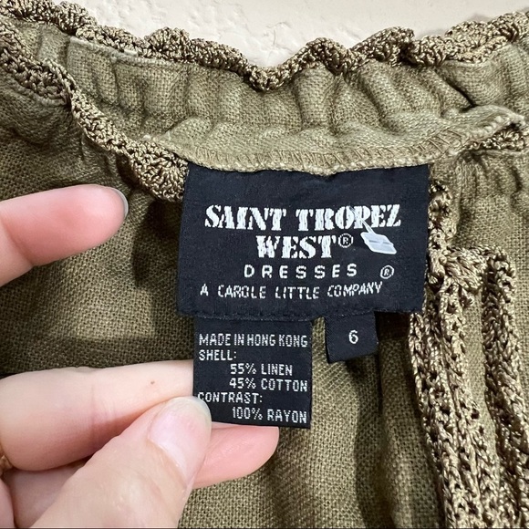 Saint Tropez West Carole Little Crochet  Dress Linen Green Khaki Maxi SZ 6 Fairy - Picture 3 of 10